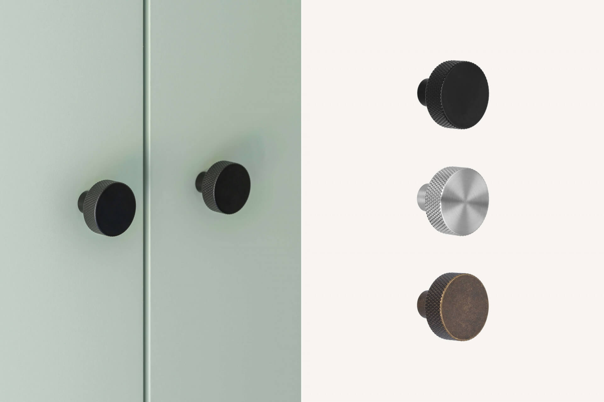 Poignées - Boutons de meuble appelés Button pour votre armoire sur mesure, en noir, métallique et bronze