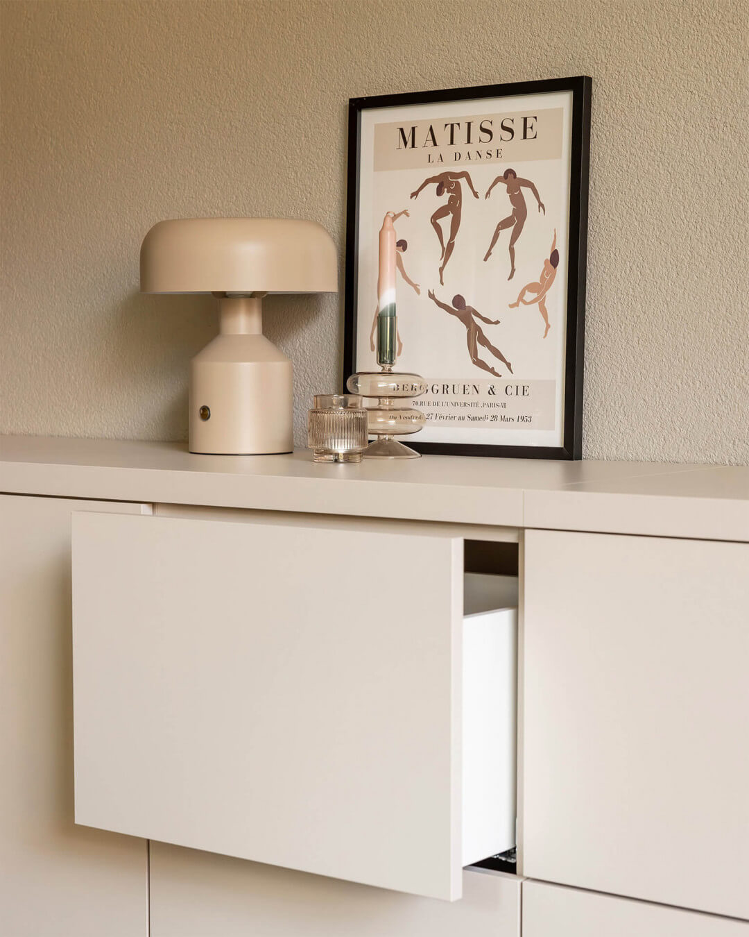 Detail of the drawer in a custom-made sideboard in the color Dune Beige