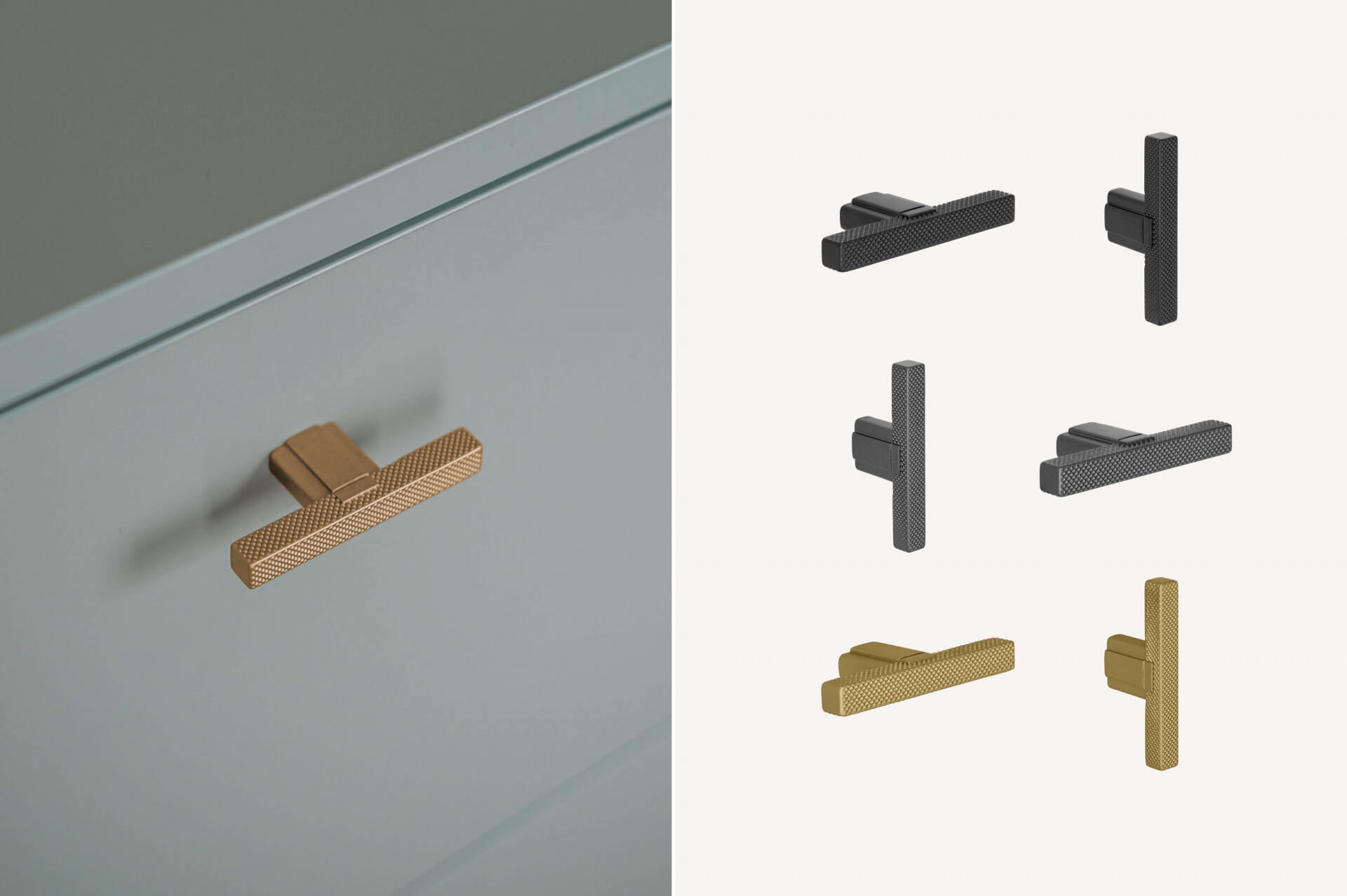 Handles - T-Diamond furniture handles for your custom-made cabinet, available in black and brass