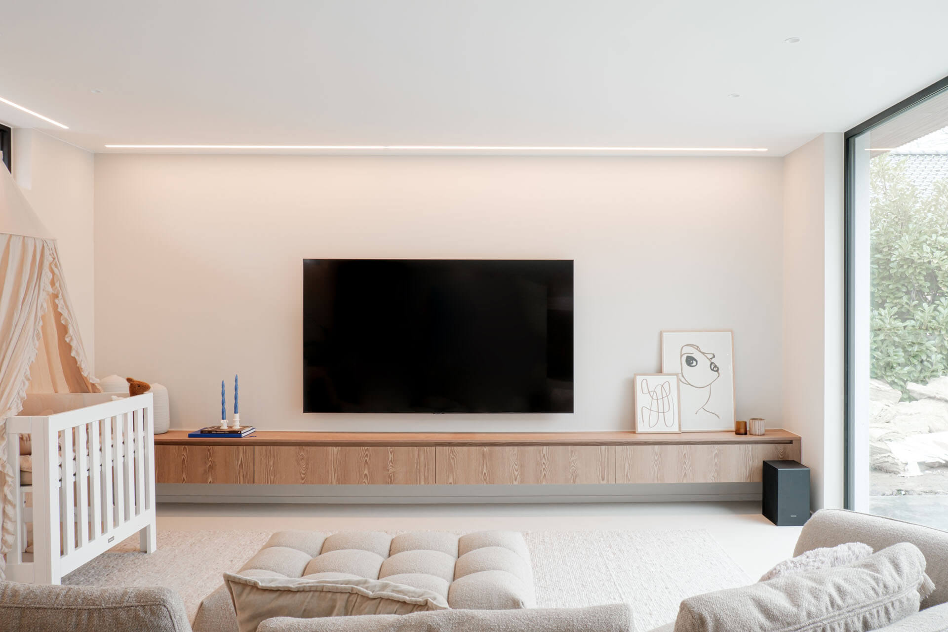 Customised floating TV cabinet in Sunlit Brown color with handle frame