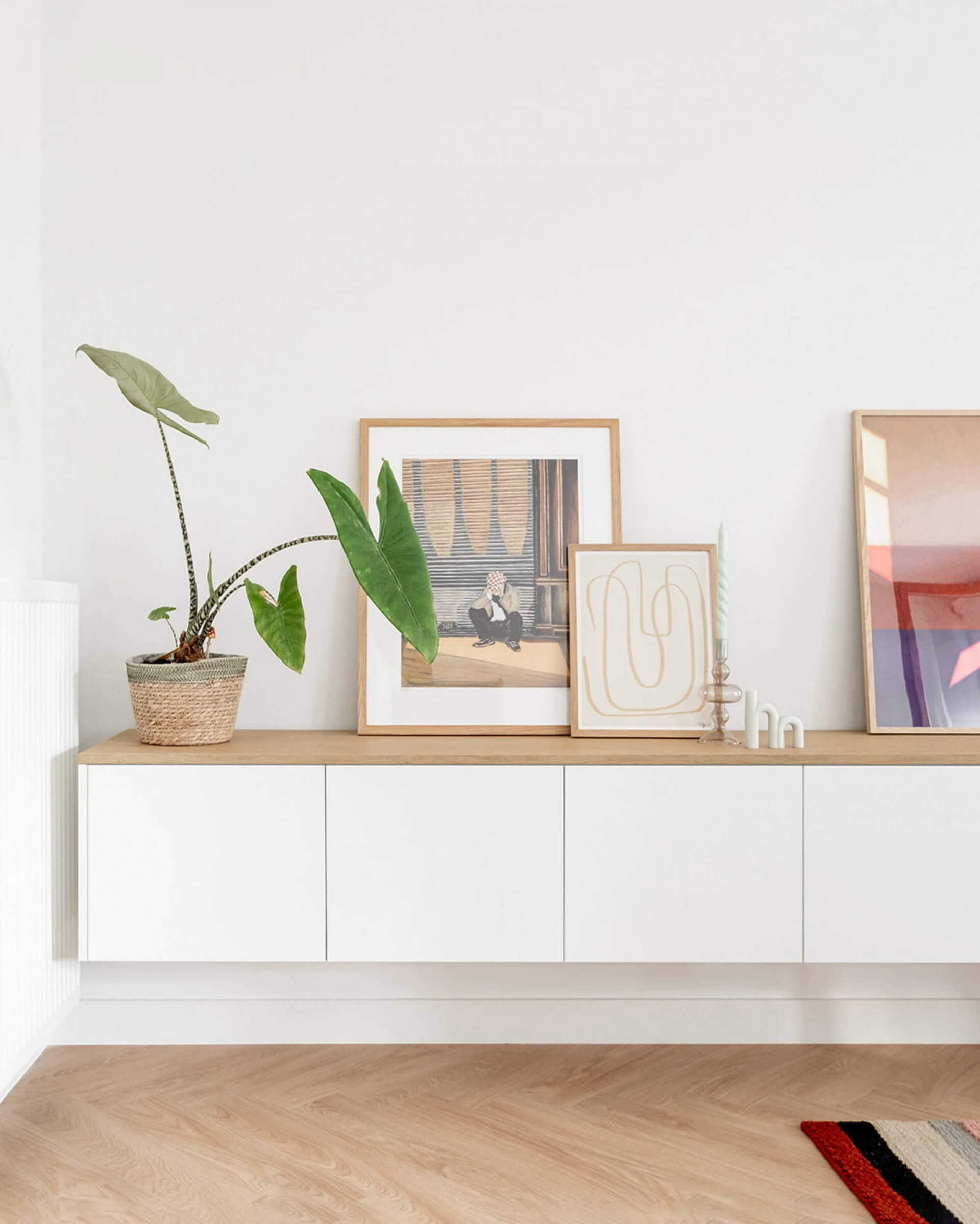 White floating TV cabinet with Essential Oak Natural top shelf