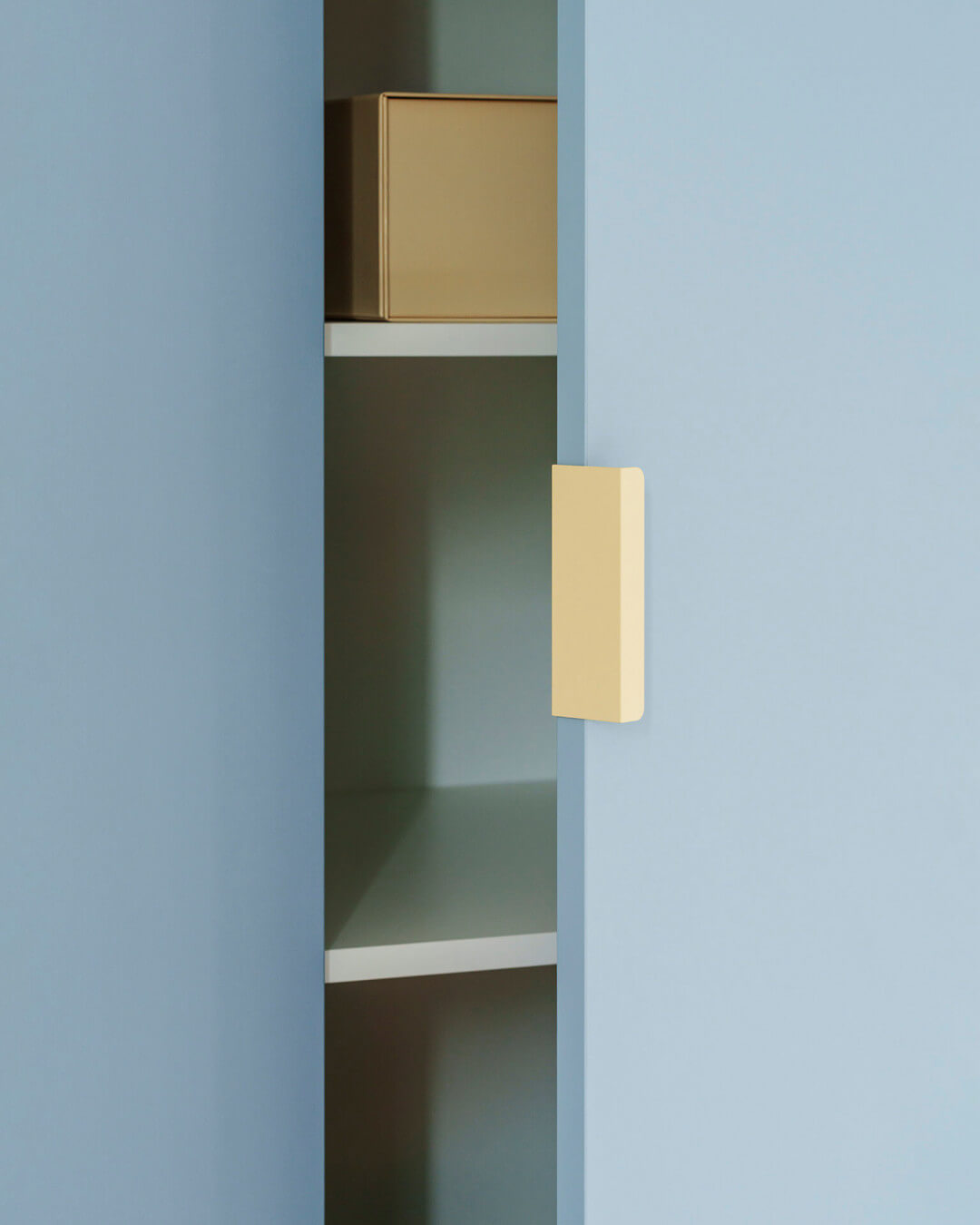 Detail of cream Tonton handle on a closet in Silver Blue