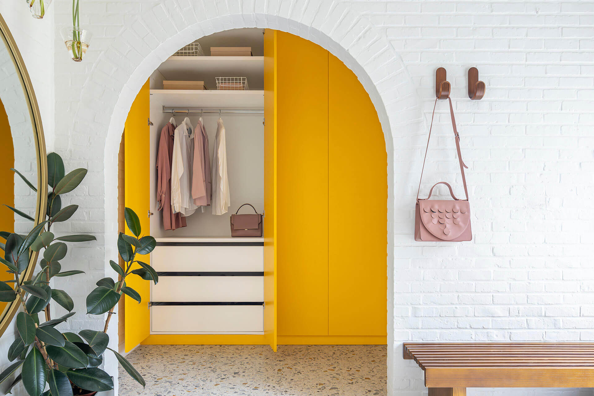 Custom made hallway cupboard in mdf painted in yellow