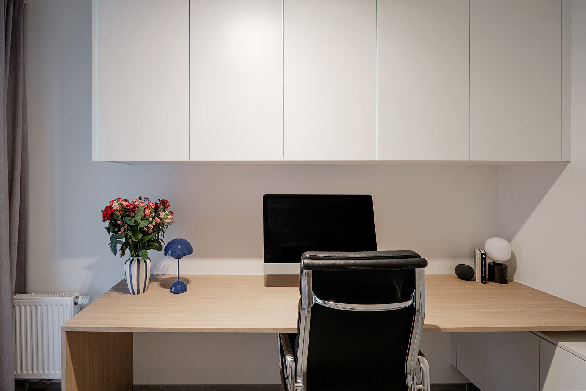 Desk with custom overhead cabinet