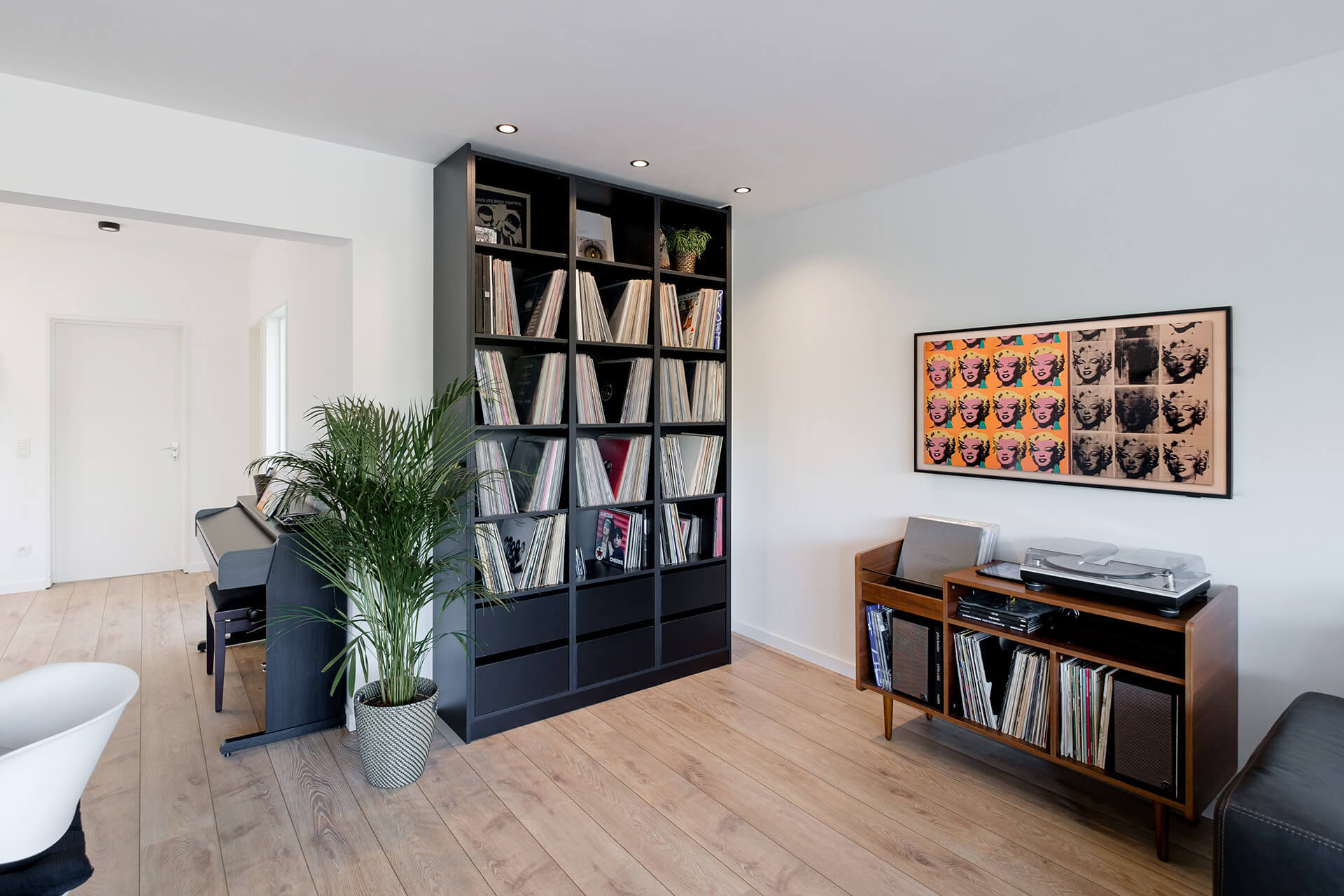 Custom-made black record cabinet for storing LPs