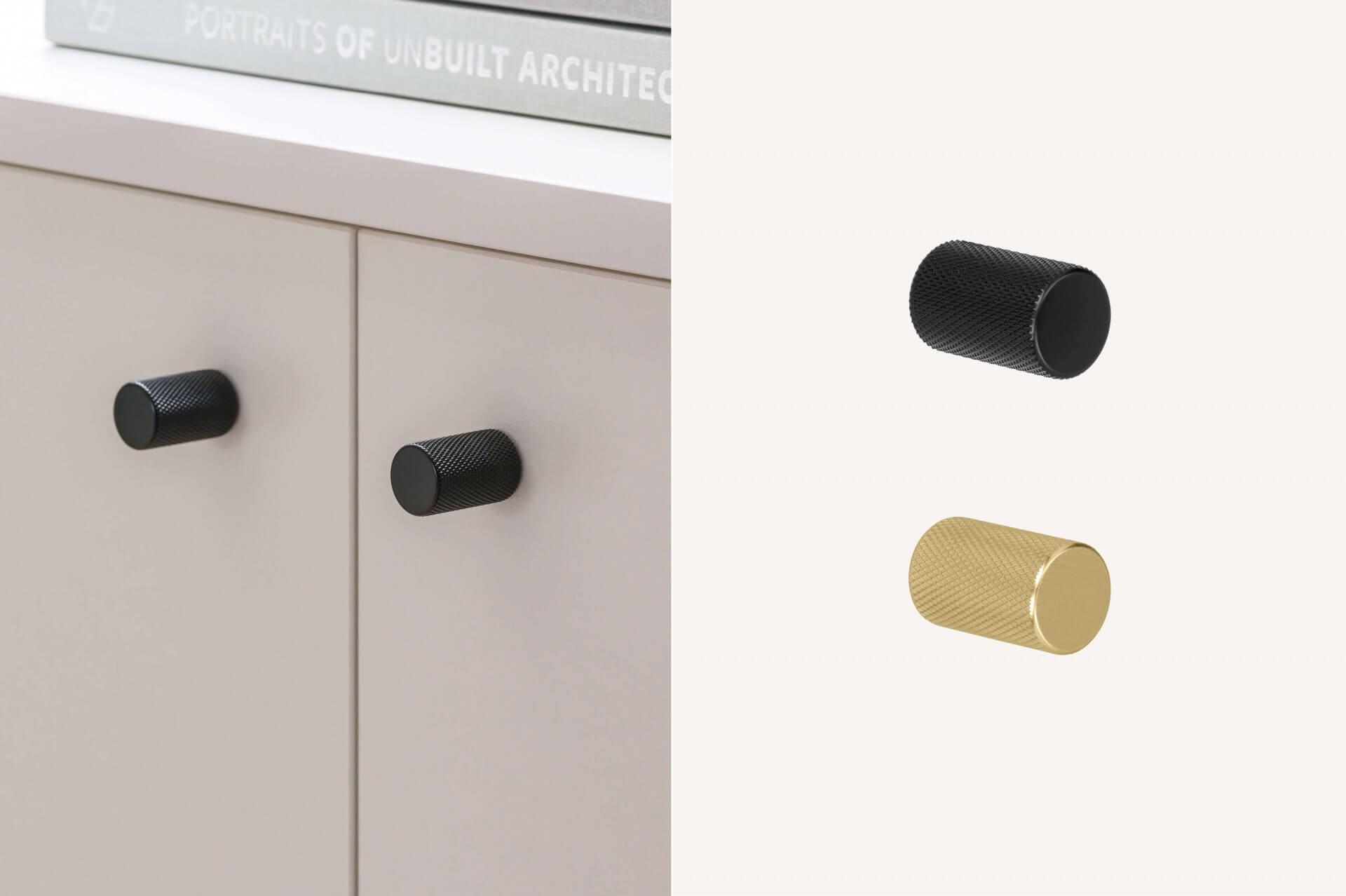  Handles - Knobs named Monument for your custom-made cabinet, available in black and brass